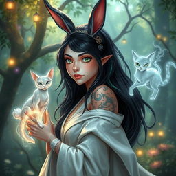 A whimsical female wizard with rabbit ears, standing in a lush enchanted forest