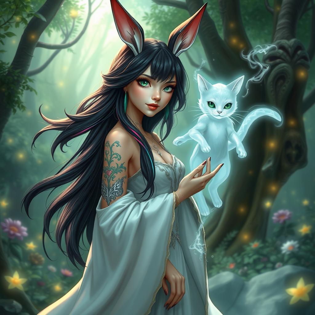 A whimsical female wizard with rabbit ears, standing in a lush enchanted forest