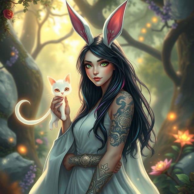 A whimsical female wizard with rabbit ears, standing in a lush enchanted forest