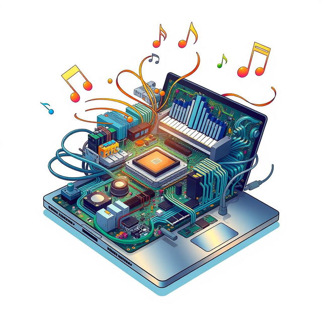 A detailed and vibrant illustration of a computer motherboard intertwined with an open laptop, showcasing intricate circuitry and components