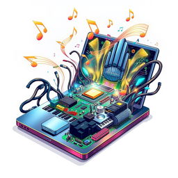 A detailed and vibrant illustration of a computer motherboard intertwined with an open laptop, showcasing intricate circuitry and components