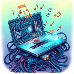 A detailed and vibrant illustration of a computer motherboard intertwined with an open laptop, showcasing intricate circuitry and components