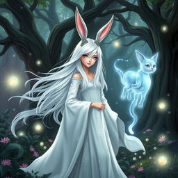 A whimsical female wizard with rabbit ears, standing in a mystical forest