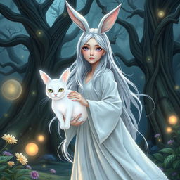 A whimsical female wizard with rabbit ears, standing in a mystical forest