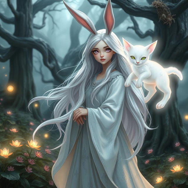 A whimsical female wizard with rabbit ears, standing in a mystical forest