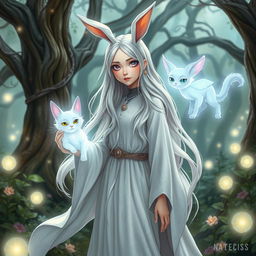 A whimsical female wizard with rabbit ears, standing in a mystical forest