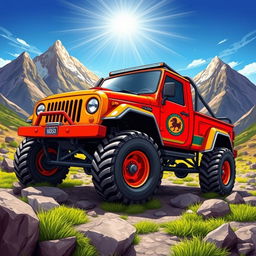 A vibrant and detailed illustration of a heavy-duty off-road truck in a rugged outdoor setting
