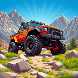A vibrant and detailed illustration of a heavy-duty off-road truck in a rugged outdoor setting