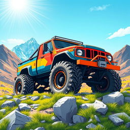 A vibrant and detailed illustration of a heavy-duty off-road truck in a rugged outdoor setting