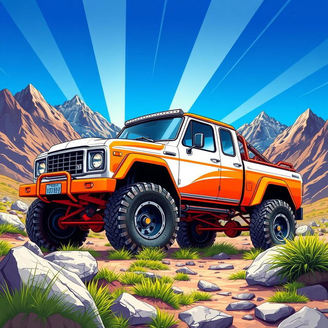 A vibrant and detailed illustration of a heavy-duty off-road truck in a rugged outdoor setting