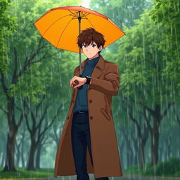 A tall young boy with dark brown hair stands in a lush green park during a rain shower