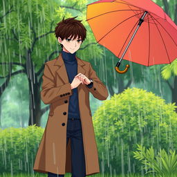 A tall young boy with dark brown hair stands in a lush green park during a rain shower