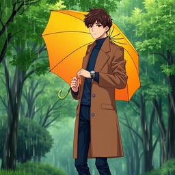 A tall young boy with dark brown hair stands in a lush green park during a rain shower