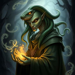 A humanoid sorcerer with serpent features, featuring scaled skin that shimmers in greens and golds