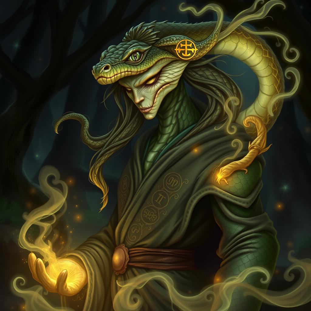 A humanoid sorcerer with serpent features, featuring scaled skin that shimmers in greens and golds