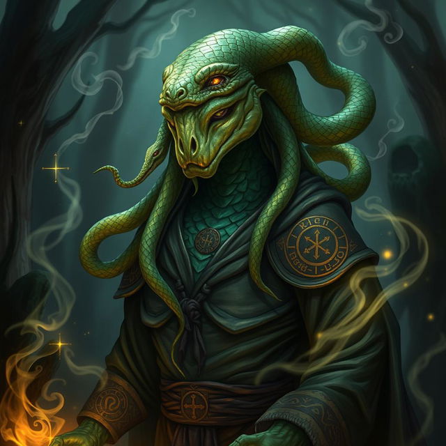 A humanoid sorcerer with serpent features, featuring scaled skin that shimmers in greens and golds