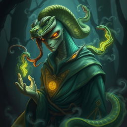 A humanoid sorcerer with serpent features, featuring scaled skin that shimmers in greens and golds