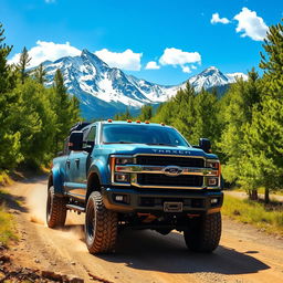 A powerful and rugged truck driving through a picturesque mountain landscape