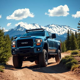A powerful and rugged truck driving through a picturesque mountain landscape