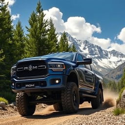 A powerful and rugged truck driving through a picturesque mountain landscape