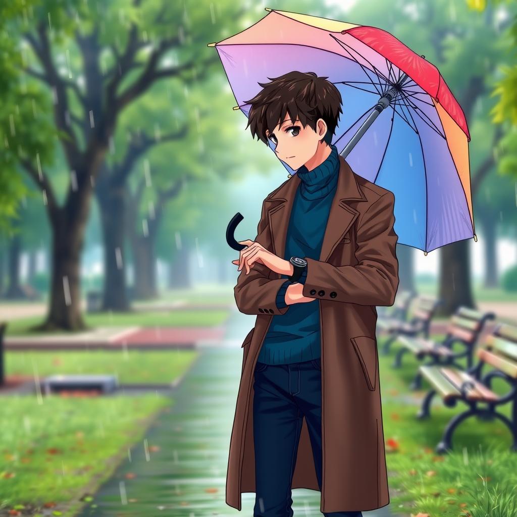 A tall young boy with dark brown hair stands in a lush green park under a soft rain, wearing a stylish brown long coat over a blue turtleneck and dark blue jeans