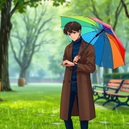 A tall young boy with dark brown hair stands in a lush green park under a soft rain, wearing a stylish brown long coat over a blue turtleneck and dark blue jeans