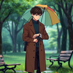 A tall young boy with dark brown hair stands in a lush green park under a soft rain, wearing a stylish brown long coat over a blue turtleneck and dark blue jeans
