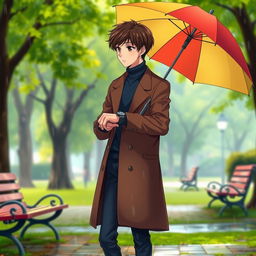 A tall young boy with dark brown hair stands in a lush green park under a soft rain, wearing a stylish brown long coat over a blue turtleneck and dark blue jeans