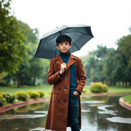 A tall young boy with dark brown hair stands in a serene park during a gentle rain