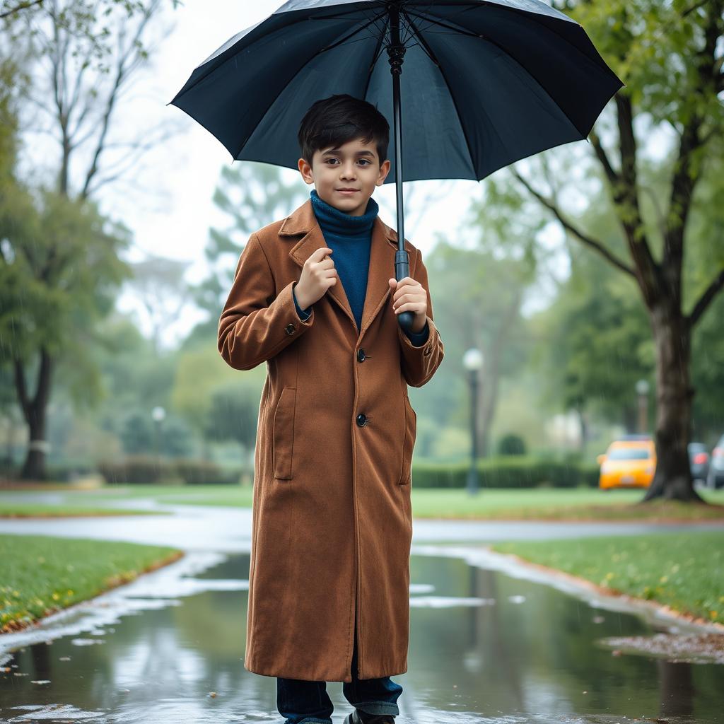 A tall young boy with dark brown hair stands in a serene park during a gentle rain