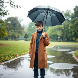 A tall young boy with dark brown hair stands in a serene park during a gentle rain