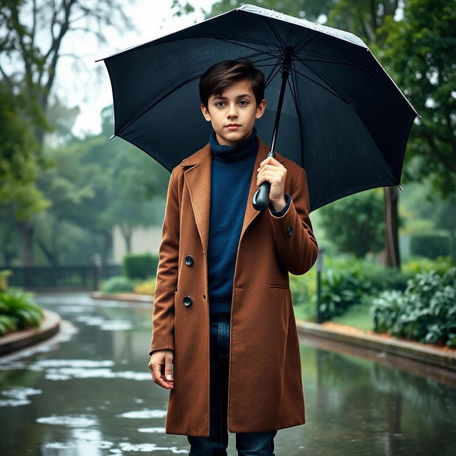 A tall young boy with dark brown hair stands in a serene park during a gentle rain