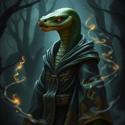 A humanoid sorcerer with serpent features, featuring scaled skin that shimmers in greens and golds