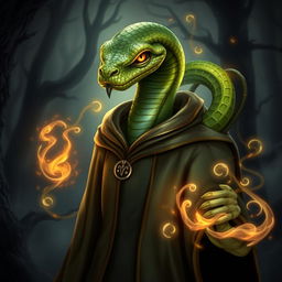 A humanoid sorcerer with serpent features, featuring scaled skin that shimmers in greens and golds