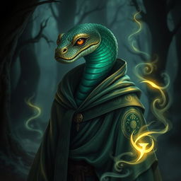 A humanoid sorcerer with serpent features, featuring scaled skin that shimmers in greens and golds