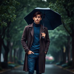 A tall young man with dark brown hair, wearing a dark brown long coat over a blue turtleneck and dark blue jeans standing in a serene park