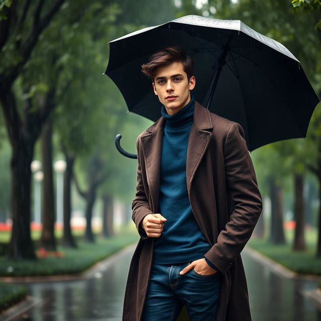 A tall young man with dark brown hair, wearing a dark brown long coat over a blue turtleneck and dark blue jeans standing in a serene park