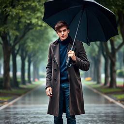 A tall young man with dark brown hair, wearing a dark brown long coat over a blue turtleneck and dark blue jeans standing in a serene park