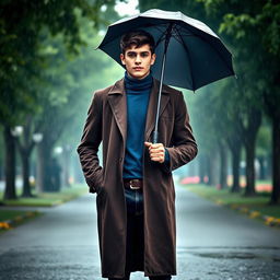 A tall young man with dark brown hair, wearing a dark brown long coat over a blue turtleneck and dark blue jeans standing in a serene park