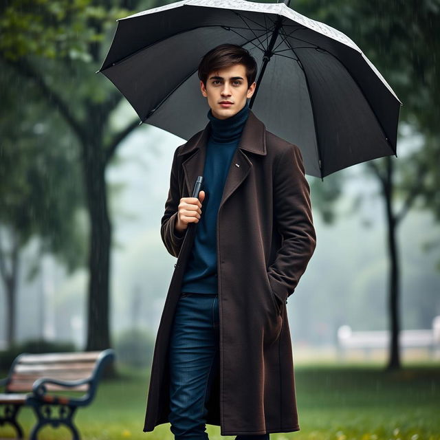 A tall young man with dark brown hair, wearing a long dark brown coat over a blue turtleneck and dark blue jeans, stands in a lush green park under a soft rain