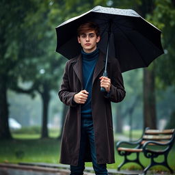A tall young man with dark brown hair, wearing a long dark brown coat over a blue turtleneck and dark blue jeans, stands in a lush green park under a soft rain