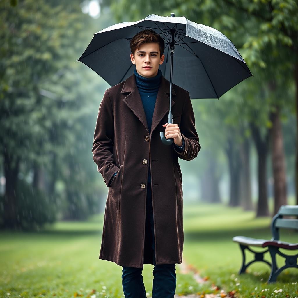 A tall young man with dark brown hair, wearing a long dark brown coat over a blue turtleneck and dark blue jeans, stands in a lush green park under a soft rain