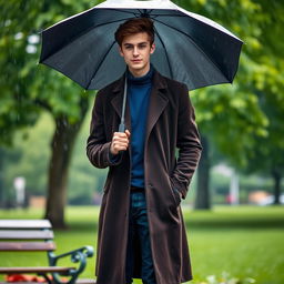 A tall young man with dark brown hair, wearing a long dark brown coat over a blue turtleneck and dark blue jeans, stands in a lush green park under a soft rain