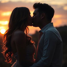 A romantic and intimate scene of a passionate kiss between two lovers in a softly lit setting