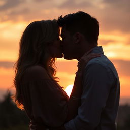 A romantic and intimate scene of a passionate kiss between two lovers in a softly lit setting