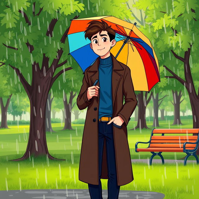 A cartoon-style illustration of a tall young man with dark brown hair, wearing a dark brown long coat, a blue turtleneck, and dark blue jeans