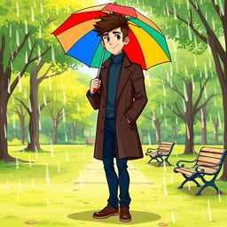 A cartoon-style illustration of a tall young man with dark brown hair, wearing a dark brown long coat, a blue turtleneck, and dark blue jeans