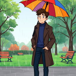 A cartoon-style illustration of a tall young man with dark brown hair, wearing a dark brown long coat, a blue turtleneck, and dark blue jeans