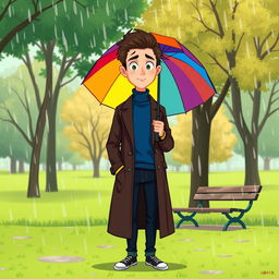 A cartoon-style illustration of a tall young man with dark brown hair, wearing a dark brown long coat, a blue turtleneck, and dark blue jeans