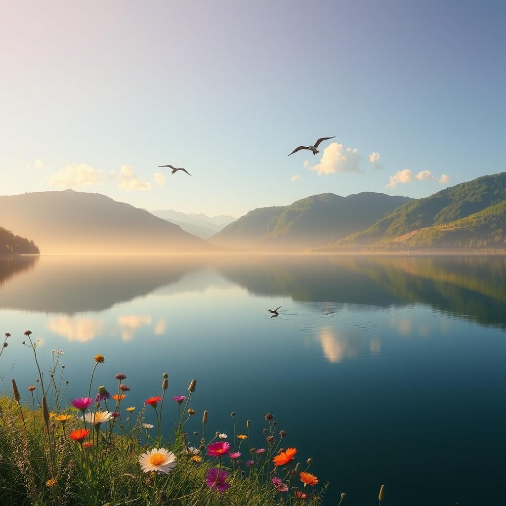 A serene landscape featuring a still lake reflecting the surrounding lush green hills